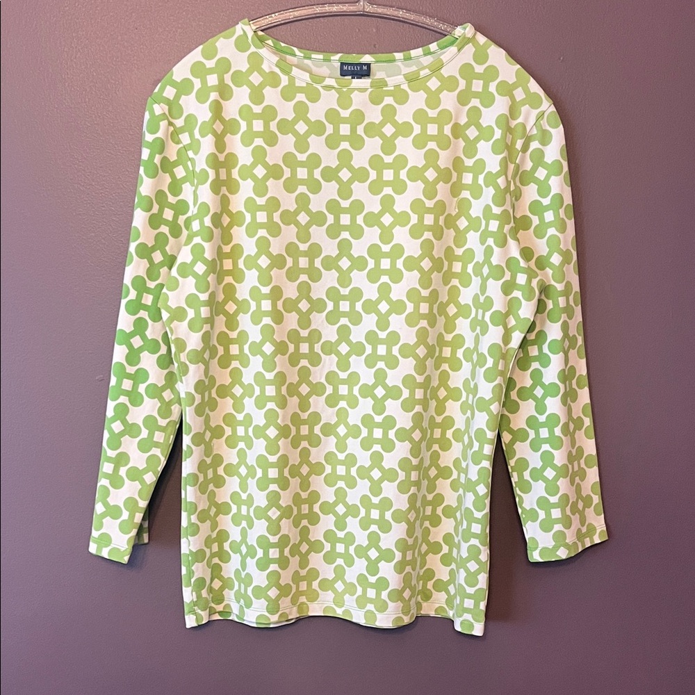 Melly M Large Women’s Geometric Lime Green and White Top